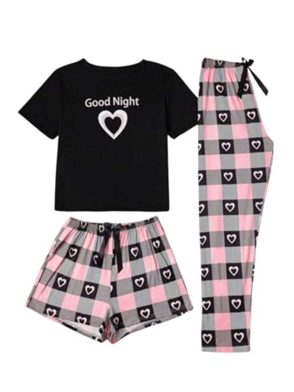 3 Piece Plaid Pajama Set Short Sleeve Tee Lounge Shorts Pants Sleepwear